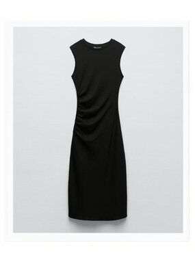 Zara Black Ribbed Ruched Side Detail Dress